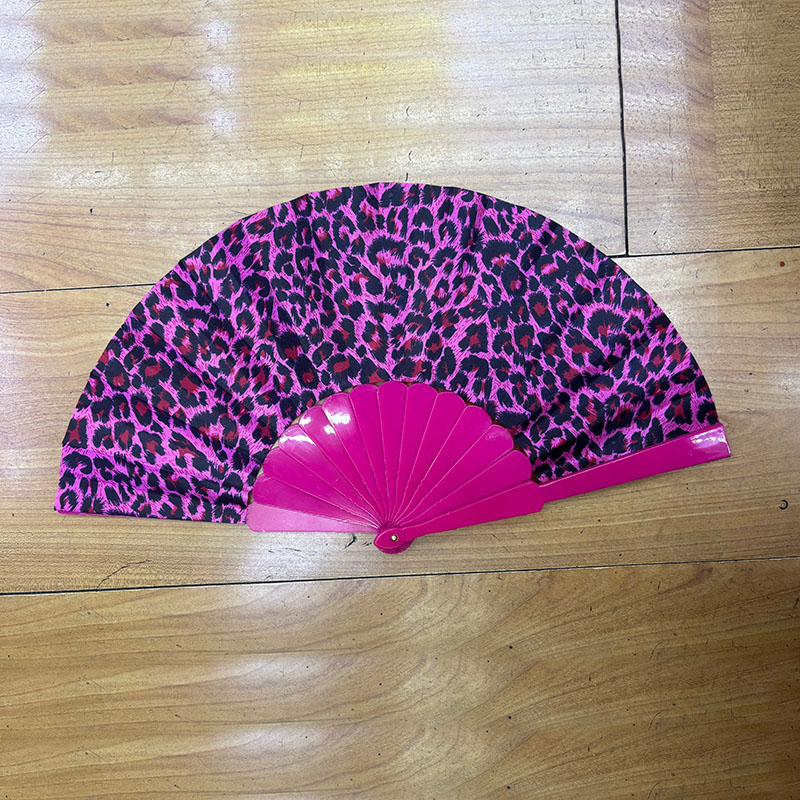 Pink Leopard Print Folding Hand Fan, Plastic Frame Fabric Fan for Party Dance Club Costume Accessory