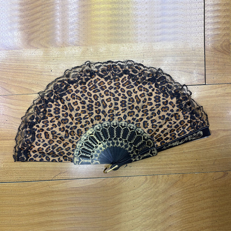 Leopard Print Lace Folding Hand Fan, Vintage Black Lace Trim Hand Fan for Women Costume Party Burlesque