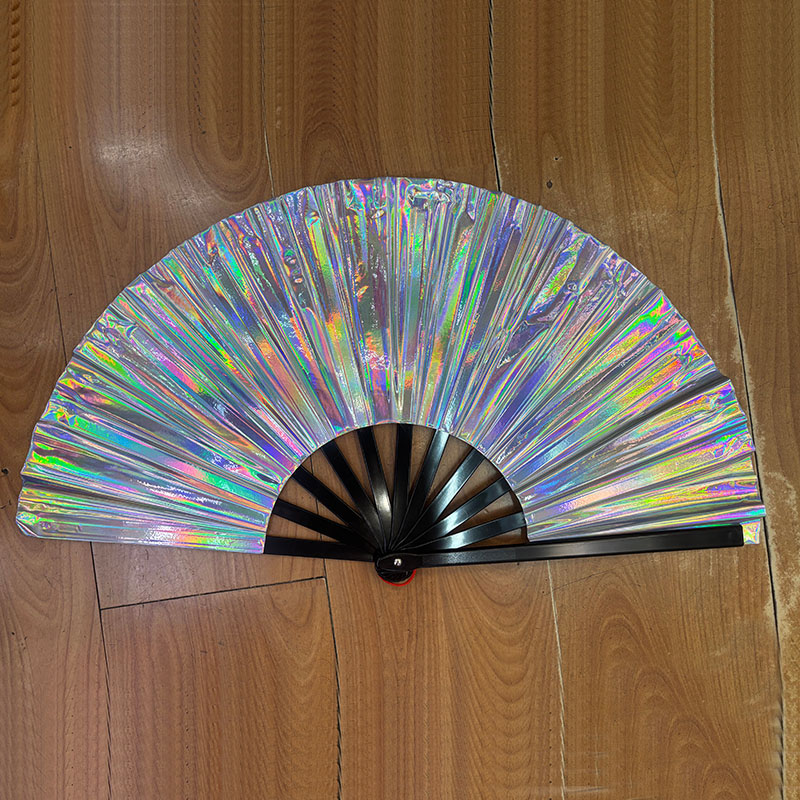 Holographic Iridescent Folding Hand Fan, Black Ribs Laser Rave Fan for Festival EDM Party Costume Accessory