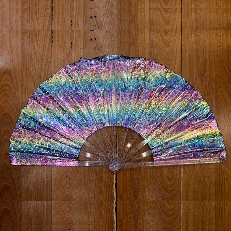 Crushed Iridescent Glitter Folding Hand Fan, Clear Glitter Ribs Holographic Rave Fan for Festival EDM Drag Costume