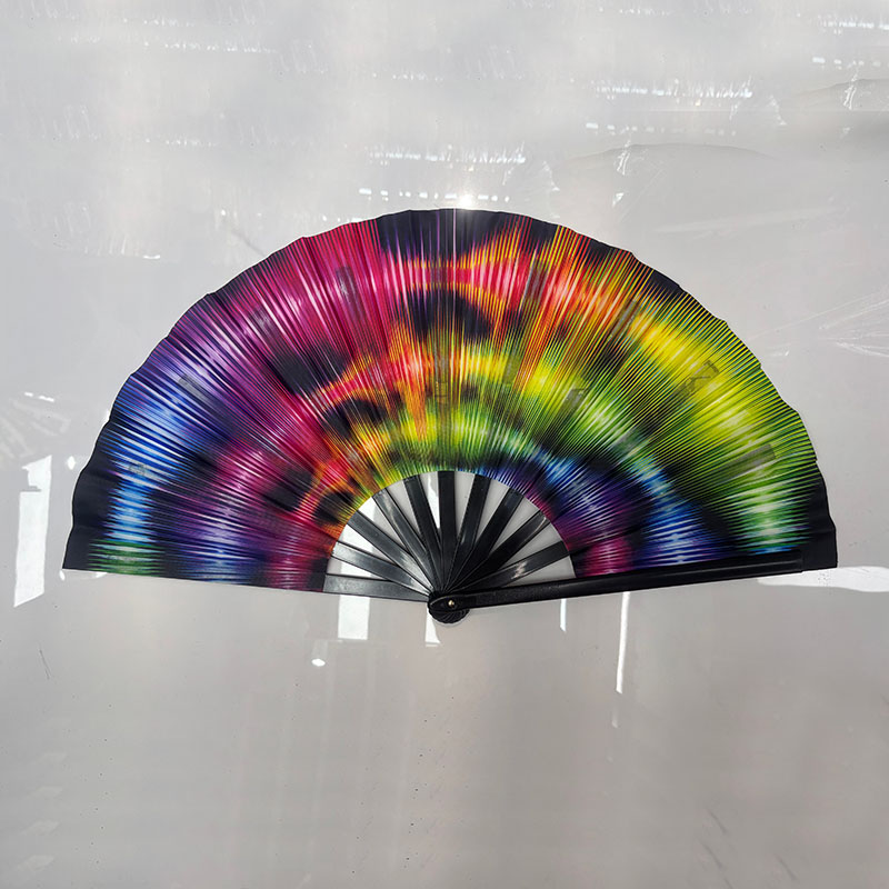 Rainbow Burst Disco Folding Hand Fan, Black Frame Retro 70s Disco Party Rave Costume Accessory
