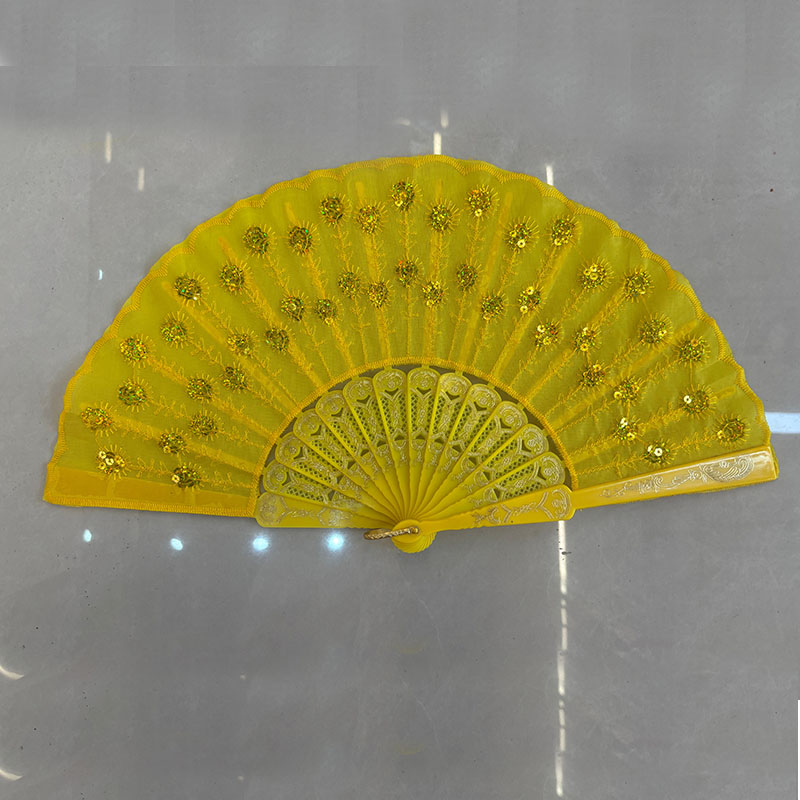 Yellow Embroidery Sequin Folding Hand Fan, Carved Plastic Rib Spanish Flamenco Dance Fan for Wedding Evening Party Costume Accessory
