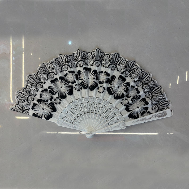 Black Floral White Lace Folding Hand Fan, Carved White Plastic Rib Gothic Flamenco Dance Fan for Vintage Evening Costume Accessory