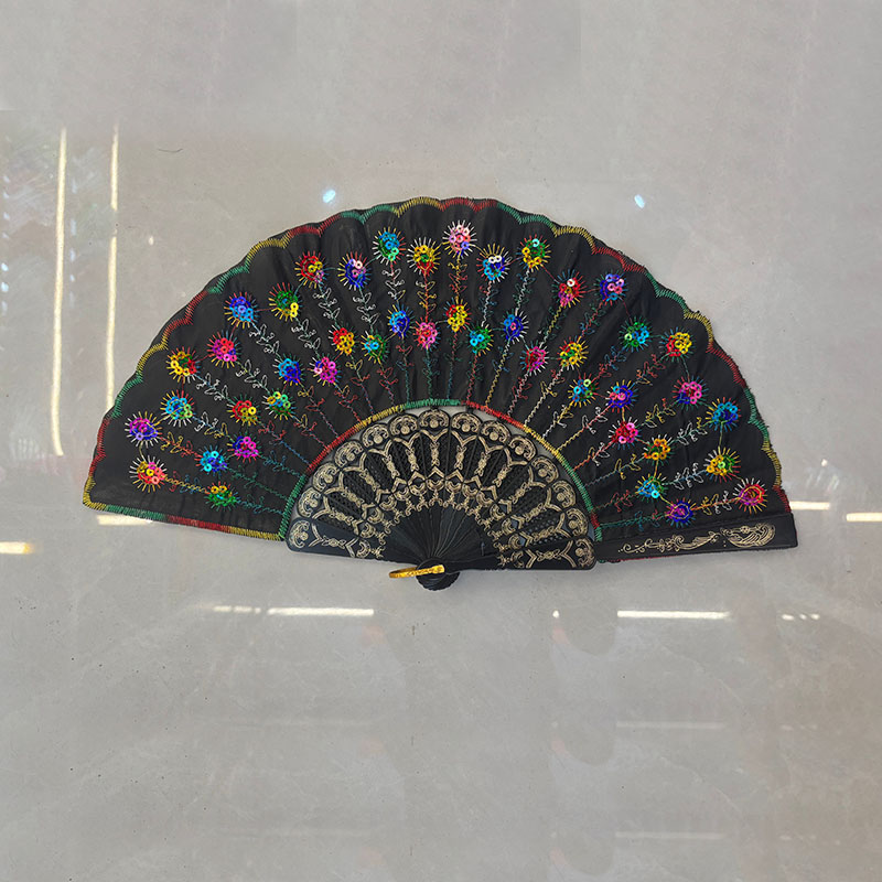 Peacock Multicolor Sequin Embroidery Folding Hand Fan, Carved Black Plastic Rib Spanish Flamenco Dance Fan for Evening Party Costume Accessory