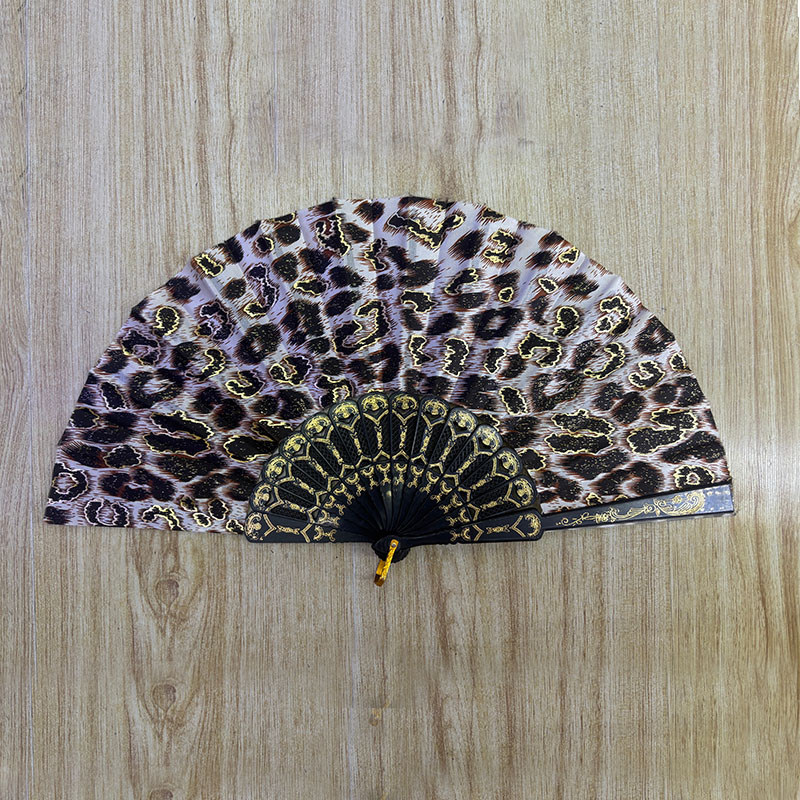 Gold Glitter Leopard Print Folding Hand Fan, Black Gold Carved Plastic Rib Fan for Disco Club Rave Burlesque Costume Accessory
