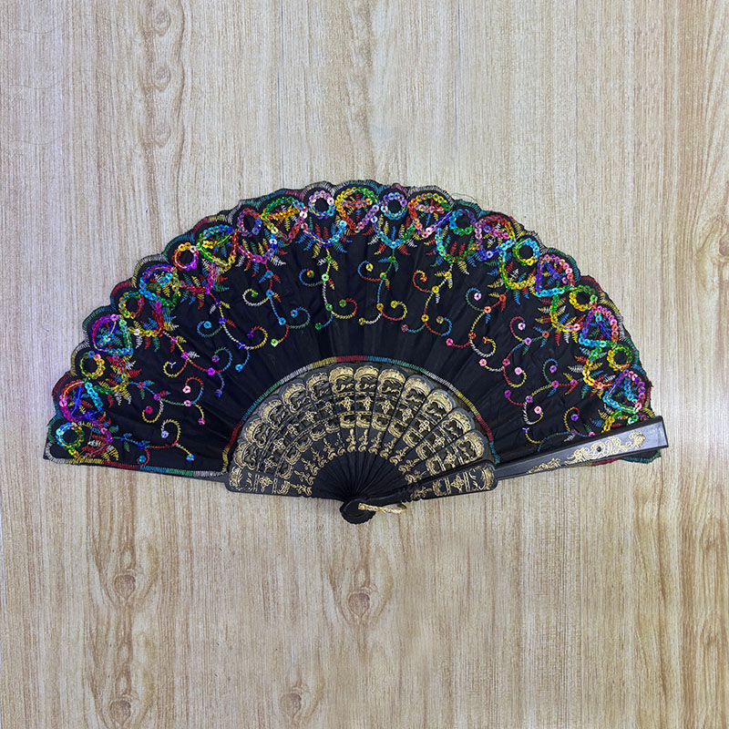 Multicolor Heart Sequin Lace Hand Fan, Black Gold Ornate Frame Foldable Fan for Vintage Disco Ball & Gothic Evening Party Decor