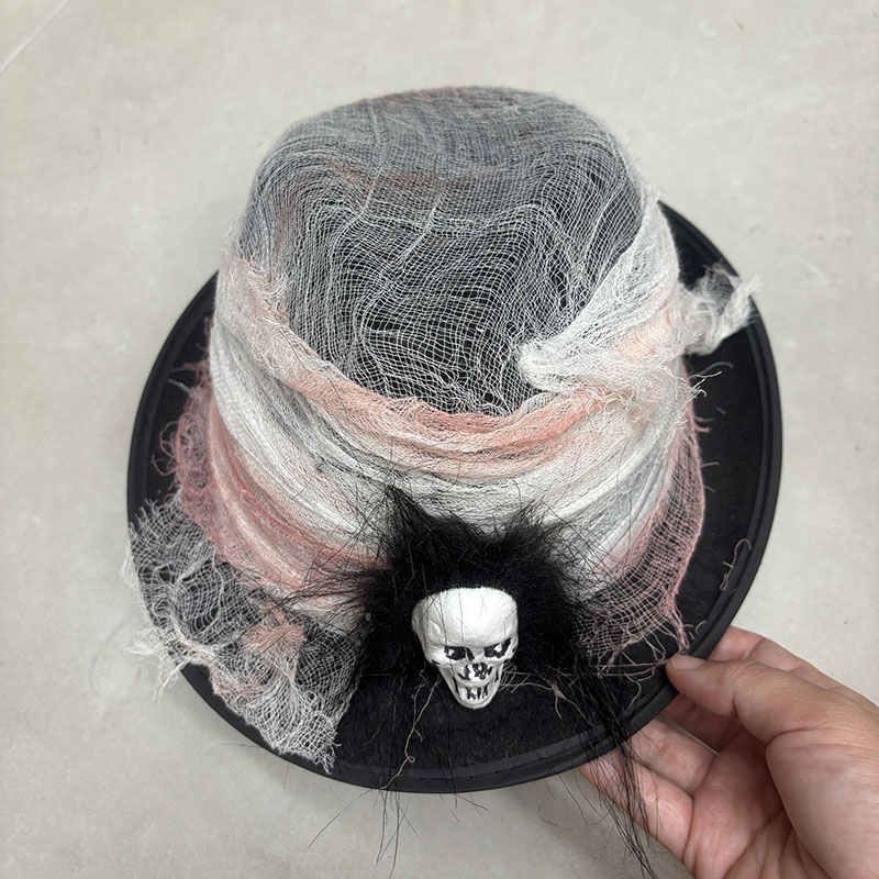 Tattered Mesh Skull Top Hat, Zombie Bride Distressed Gauze Tall Hat for Halloween Cosplay Gothic Party Costume Accessory
