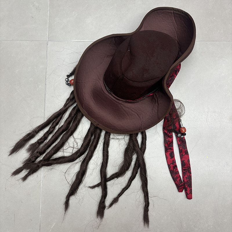 Pirate Dreadlock Buccaneer Hat, Brown Wide Brim Captain Hat with Dreadlocks for Halloween Caribbean Cosplay Costume Accessory