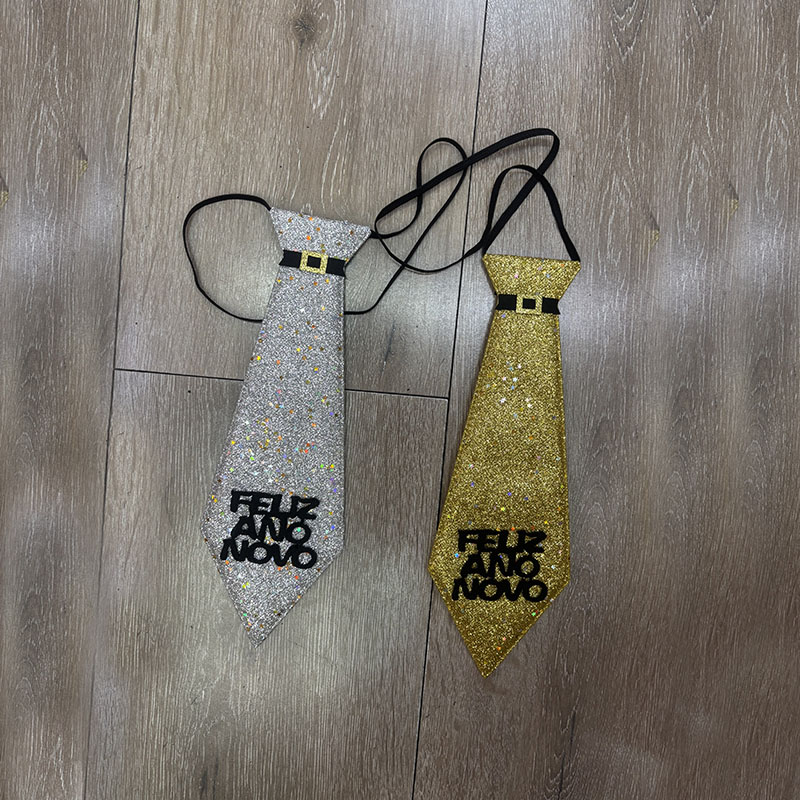 Glitter Feliz Ano Novo Neck Tie, Portuguese Happy New Year Elastic Necktie for Brazil New Year Eve Party Costume Accessory