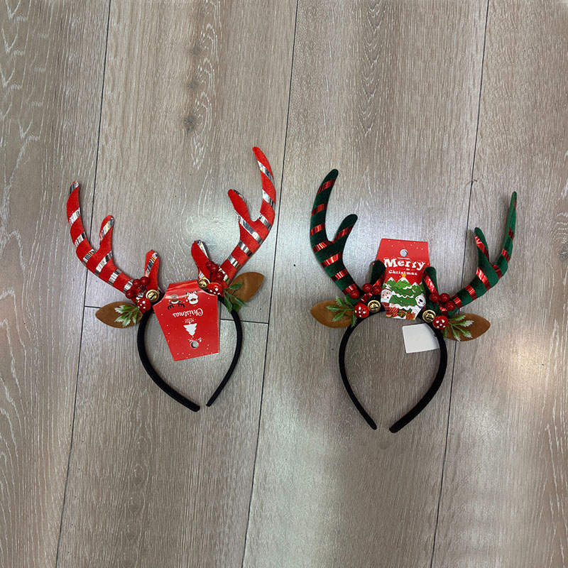 Striped Reindeer Antler Christmas Headband, Berries Bell Xmas Elk Horn Hair Hoop for Kids Adult Holiday Party Costume Accessory