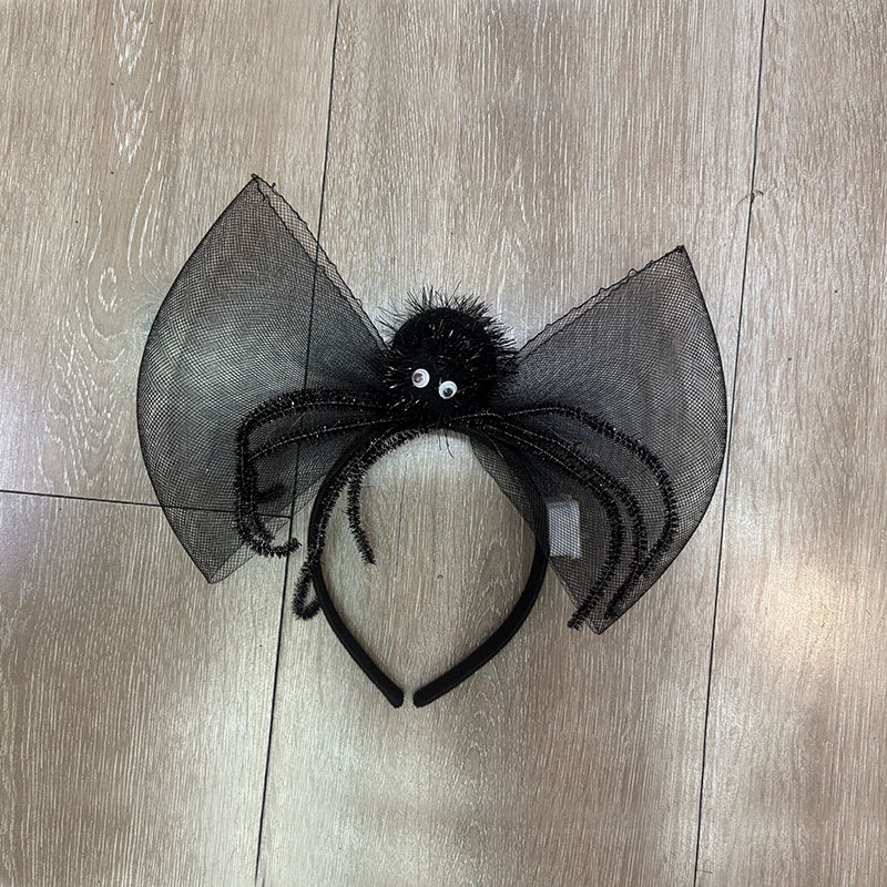 Black Tulle Bow Spider Headband, Fluffy Spider with Googly Eyes Hair Hoop for Halloween Gothic Cosplay Costume Accessory