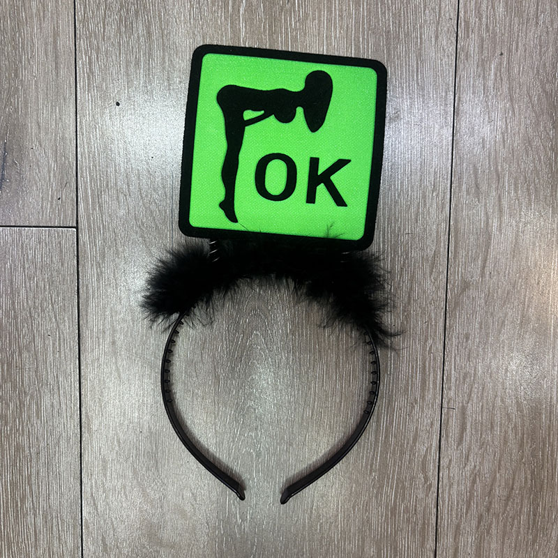 Neon Green OK Silhouette Feather Headband, Funny Spring Sign Hair Hoop for Bachelorette Hen Night Party Costume Accessory