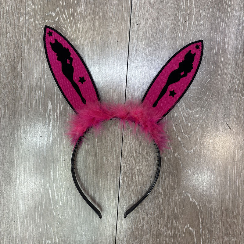 Hot Pink Glitter Bunny Ear Headband, Pin-up Lady Silhouette Fluffy Feather Rabbit Hair Hoop for Bachelorette Hen Night Costume Accessory
