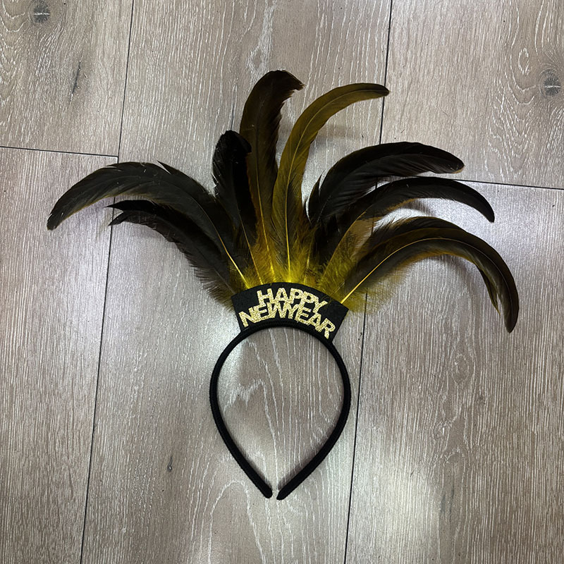 Happy New Year Gold Glitter Feather Headband, Black Golden Plume Hair Hoop for New Year Eve Holiday Party Costume Accessory