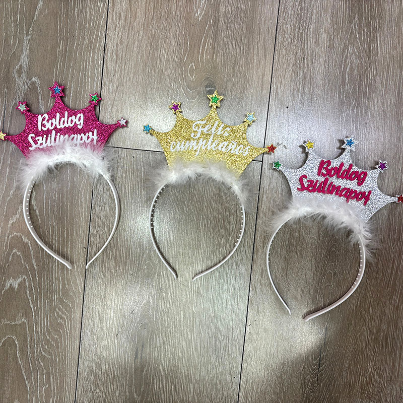 Feliz Cumpleaños Glitter Crown Headband, White Fluffy Feather Birthday Crown Hair Hoop for Latin Mexican Birthday Party Costume Accessory
