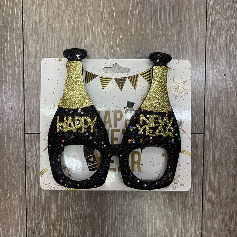 Black Gold Glitter Champagne Bottle New Year Glasses, Happy New Year Novelty Eyeglasses for NYE Countdown Party Costume Accessory