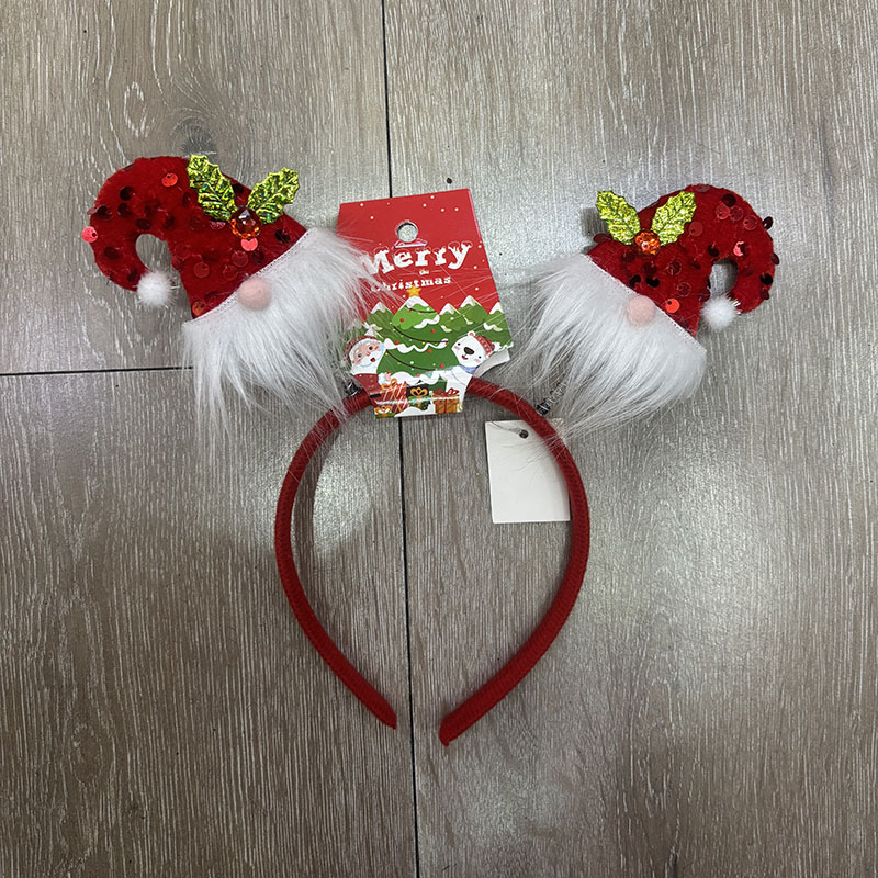 Red Sequin Gnome Santa Hat Headband, White Fluffy Beard Elf Hair Hoop for Christmas Holiday Party Costume Accessory
