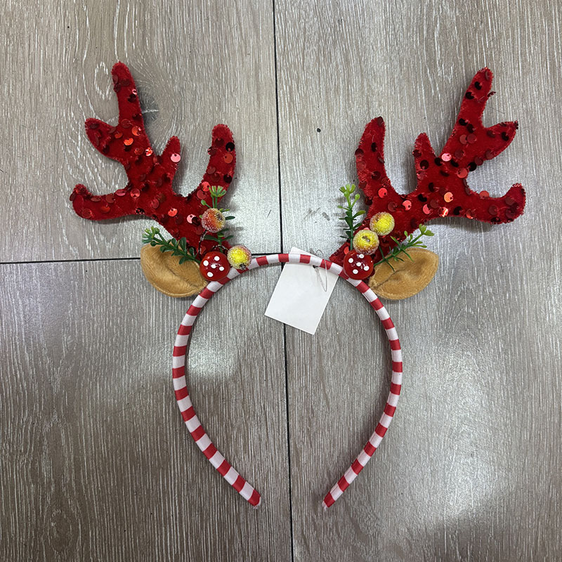 Red Sequin Reindeer Antler Headband, Red White Striped Hair Hoop with Mushroom Berry Elk Ears for Christmas Party Costume Accessory