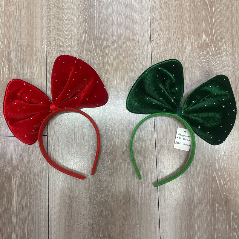 Velvet Rhinestone Big Bow Christmas Headband, Red Green Plush Bow Hair Hoop for Xmas Holiday Party Costume Accessory