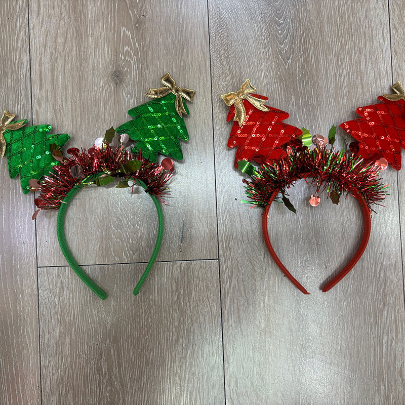 Dual Sequin Christmas Tree Headband, Red Green Tinsel Xmas Hair Hoop with Gold Bow
