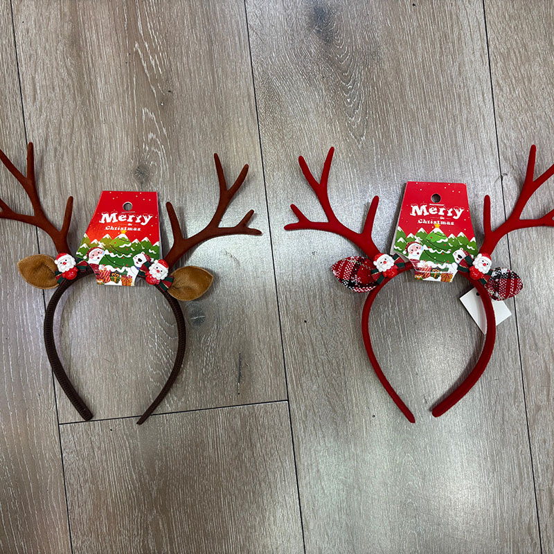Plush Reindeer Antler Headband, Mini Santa Doll Plaid Bow Elk Hair Hoop for Kids Adult Christmas Holiday Costume Accessory