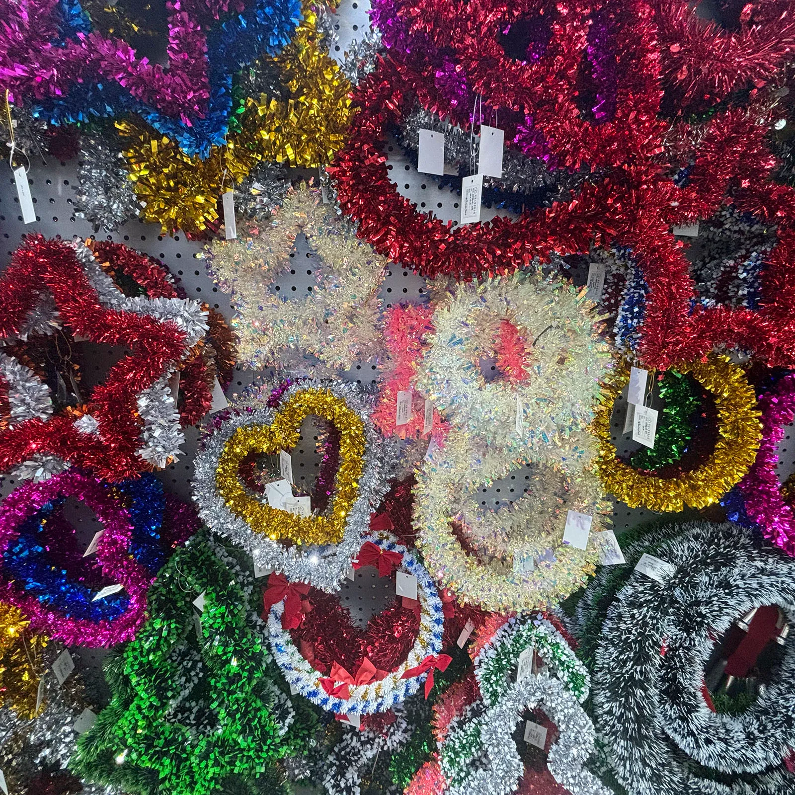 Colorful tinsel wreaths, laser foil garland wreaths, party decorative tinsel, christmas wedding hanging ornaments bulk