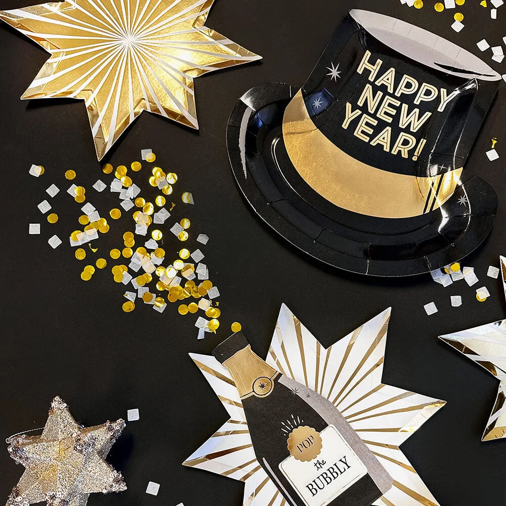Happy New Year party tableware set, black gold disposable paper plates, star paper decorations, confetti, new year celebration party supplies bulk