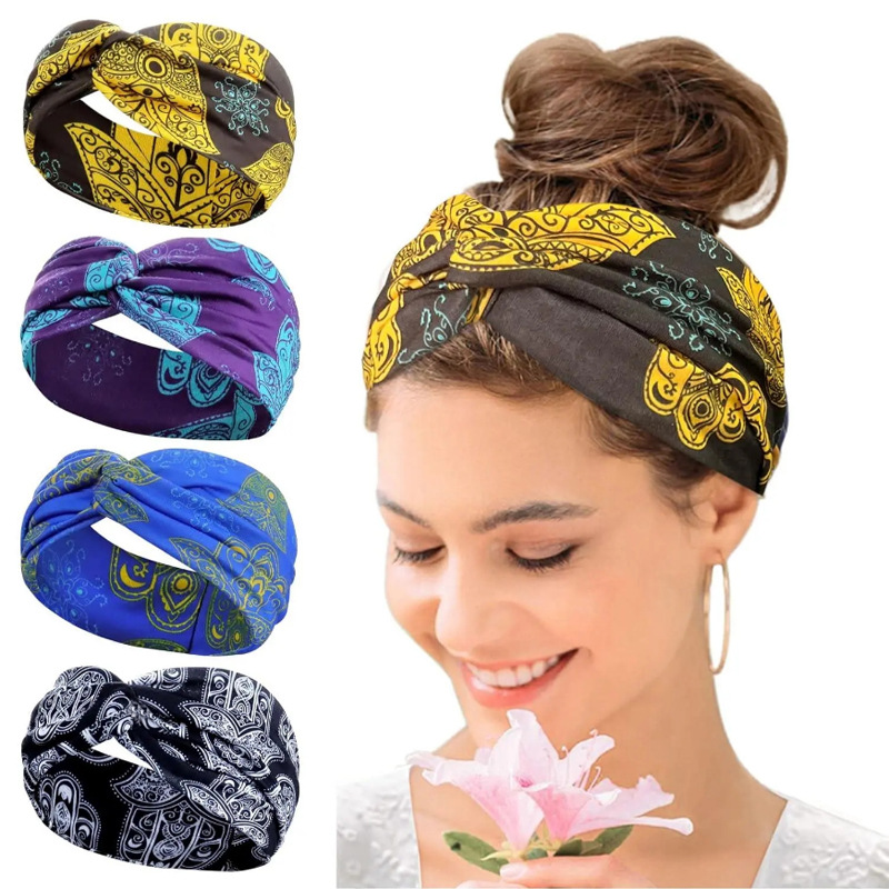 Bohemian Yoga Sports Hair Bands Women's Wide Edge Cotton Stretch Hair Bands Running Hair Bands Hair Accessories Headpieces