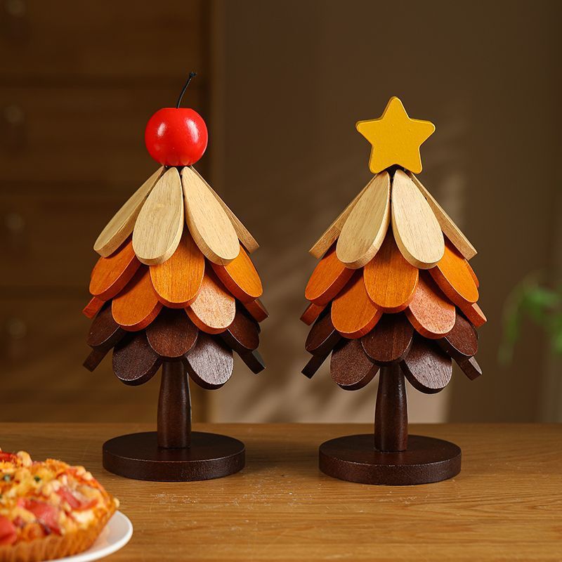 Heat-Resistant Mat & Tree-Shaped Coaster - Solid Wood/Bamboo Foldable Household Tabletop Heat Protector, Christmas Tree Style Ornament for Casserole & Food