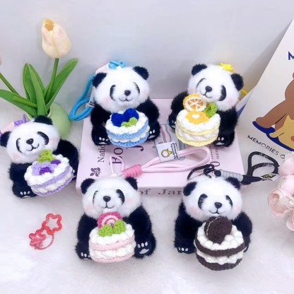New Arrival: Knitted “Cake in Hand” Giant Panda Plush Charm – Cute Stuffed Chengdu Panda Doll for Bags & Keychains, Perfect Gift