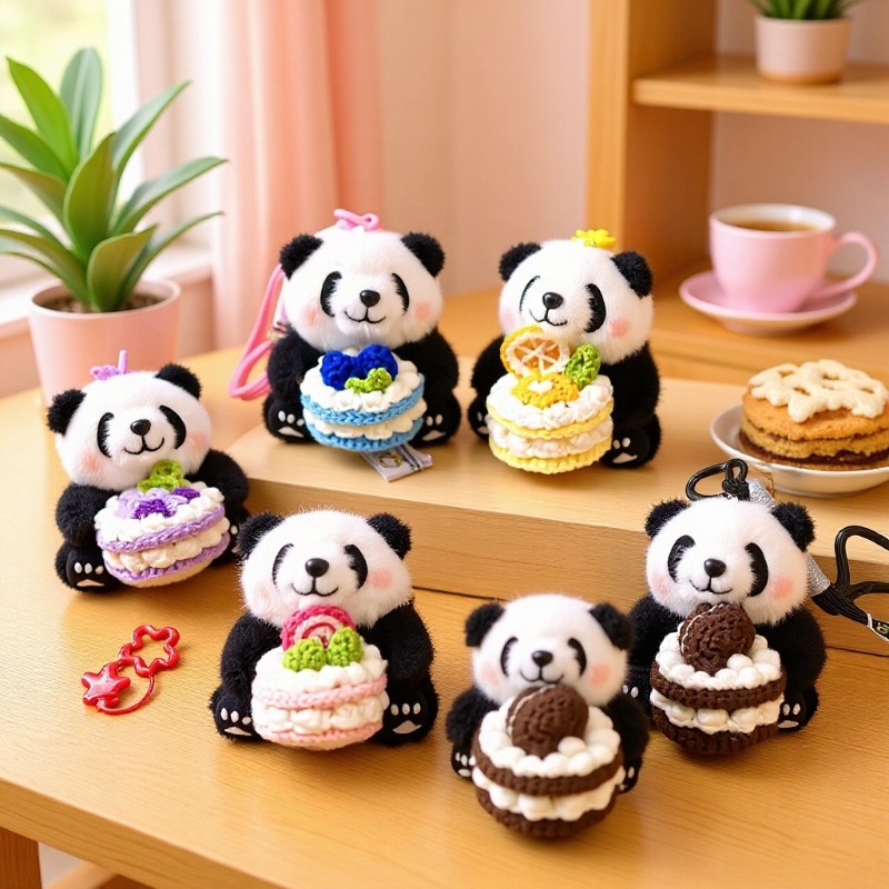 New Arrival: Knitted “Cake in Hand” Giant Panda Plush Charm – Cute Stuffed Chengdu Panda Doll for Bags & Keychains, Perfect Gift