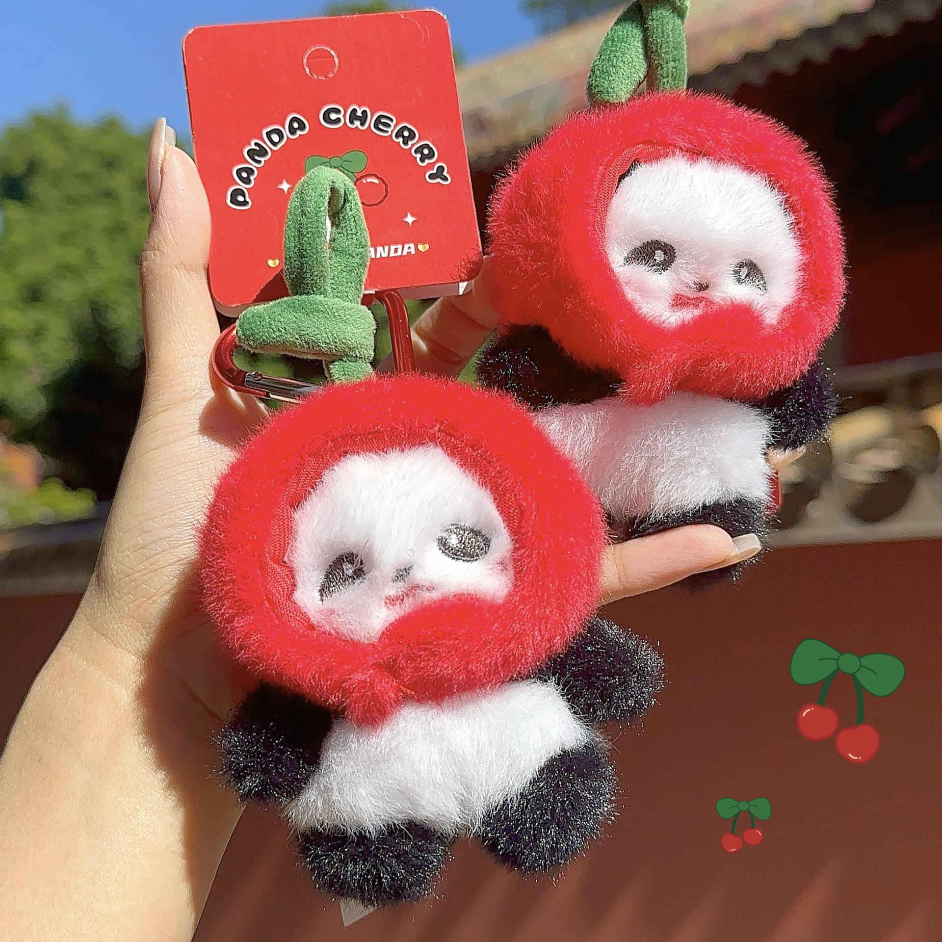 Cute Red Cherry Cape Panda Plush Charm Series - Festive Christmas & New Year Ornament