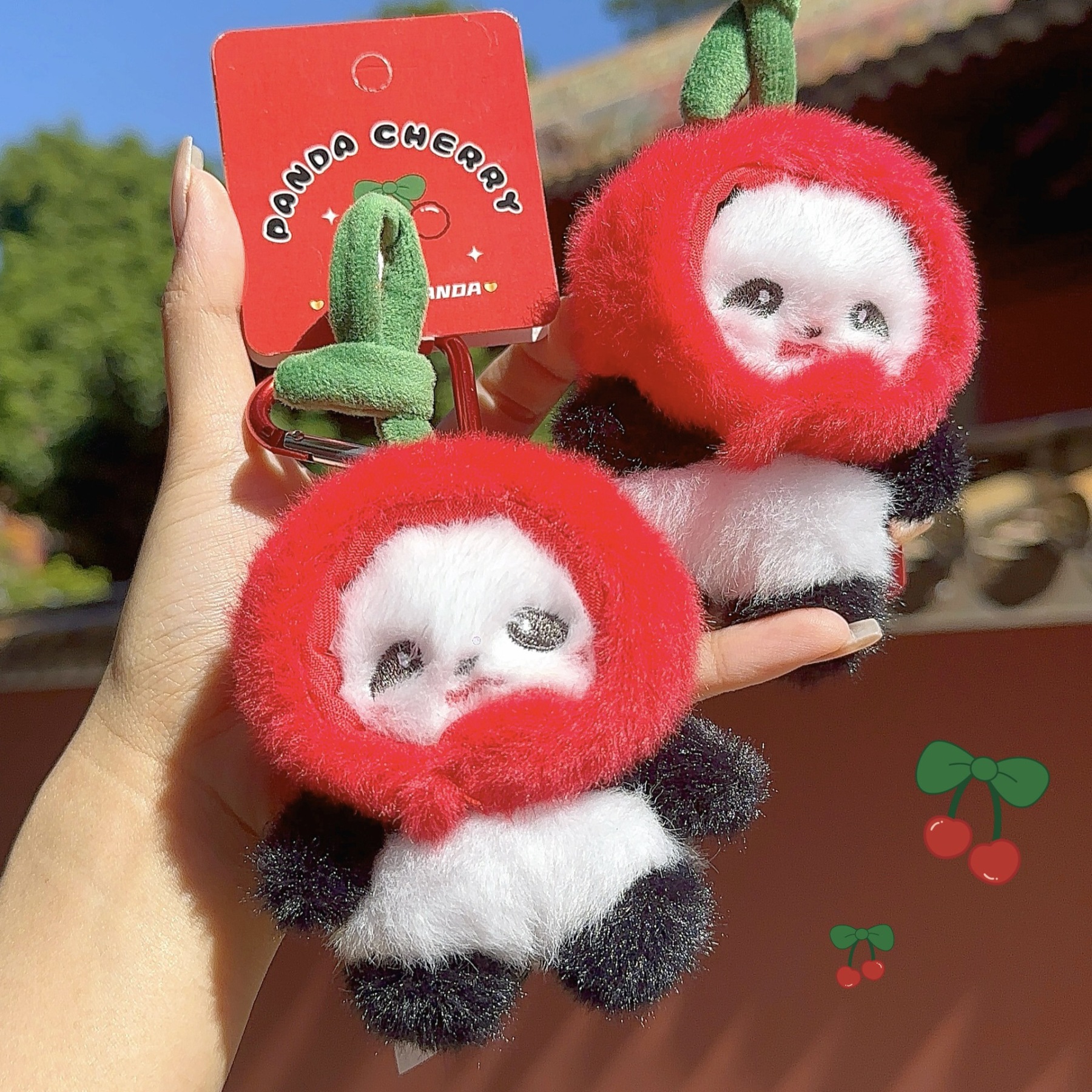 Cute Red Cherry Cape Panda Plush Charm Series - Festive Christmas & New Year Ornament