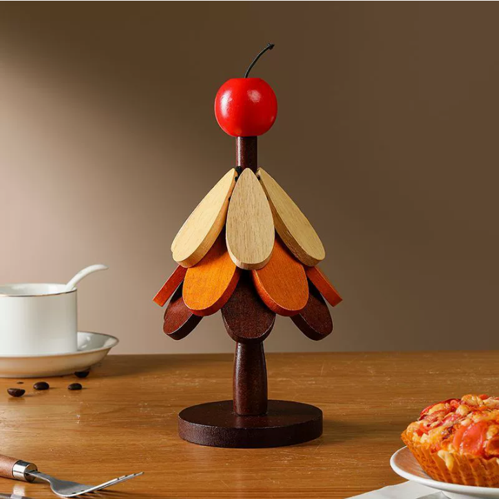 Heat-Resistant Mat & Tree-Shaped Coaster - Solid Wood/Bamboo Foldable Household Tabletop Heat Protector, Christmas Tree Style Ornament for Casserole & Food