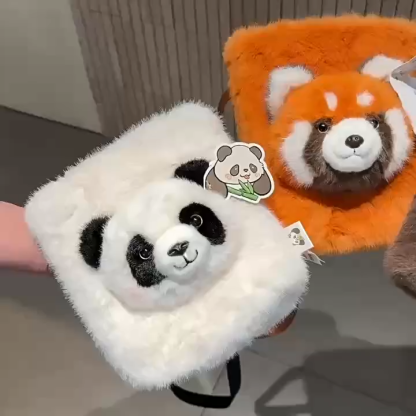 New Cartoon-Style Qizai Panda Fashion Plush Small Square Bag - 2-in-1 Crossbody Bag & Handbag