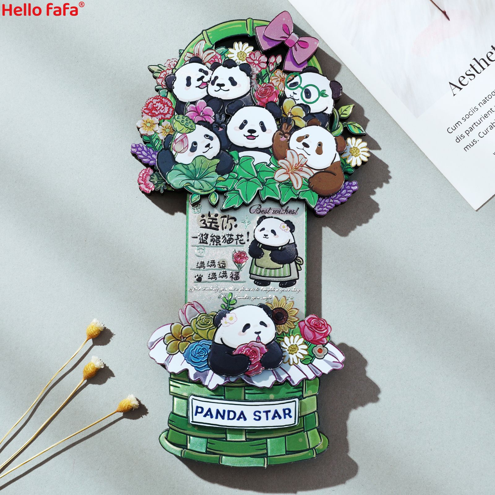 Chengdu Cartoon Panda Flower Basket Sliding Fridge Magnet, Creative Cultural & Creative Magnetic Fridge Magnet
