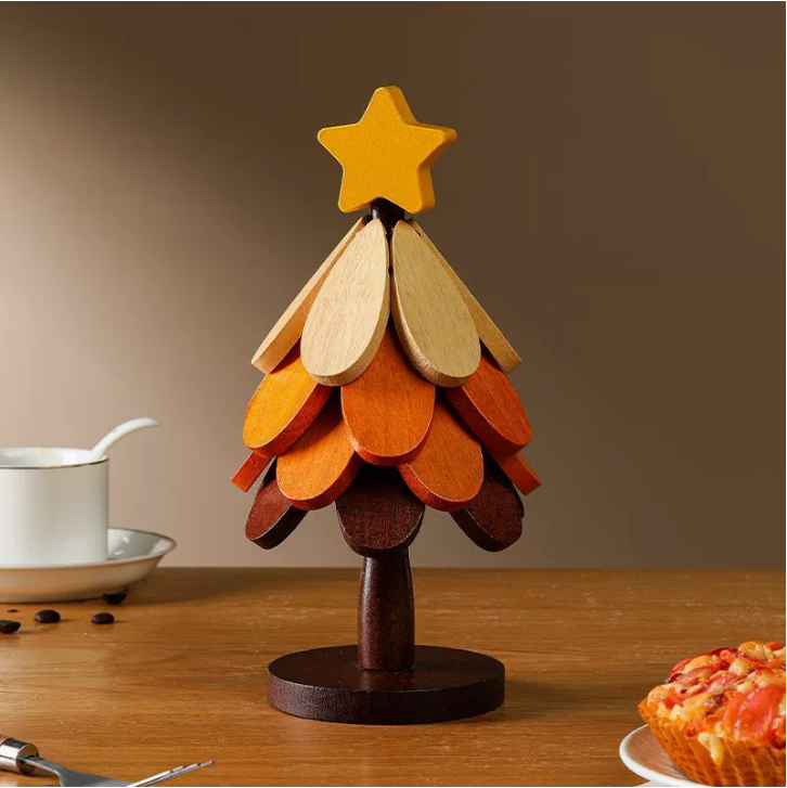 Heat-Resistant Mat & Tree-Shaped Coaster - Solid Wood/Bamboo Foldable Household Tabletop Heat Protector, Christmas Tree Style Ornament for Casserole & Food