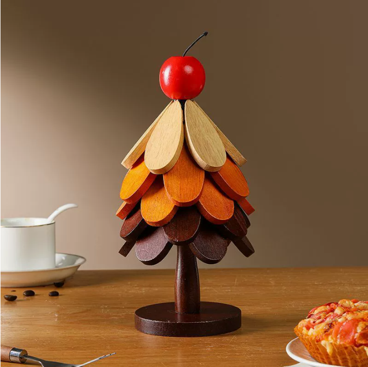 Heat-Resistant Mat & Tree-Shaped Coaster - Solid Wood/Bamboo Foldable Household Tabletop Heat Protector, Christmas Tree Style Ornament for Casserole & Food