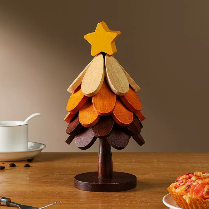 Heat-Resistant Mat & Tree-Shaped Coaster - Solid Wood/Bamboo Foldable Household Tabletop Heat Protector, Christmas Tree Style Ornament for Casserole & Food