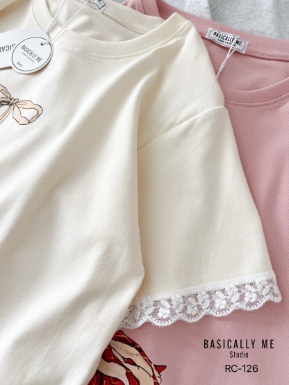 A19 🎀 Lace Trimmed Round Neck T-Shirt – Cotton Supreme Softness