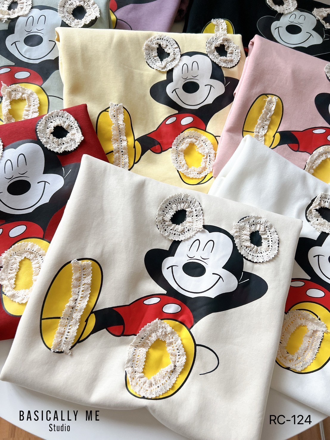 A17 🎀 MICKEY MOUSE Lace-Trim Tee – Korean Style Cute!