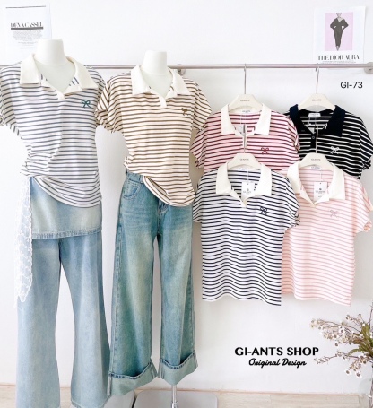 A99 🎀 Stripe Bow collar  Shirt 