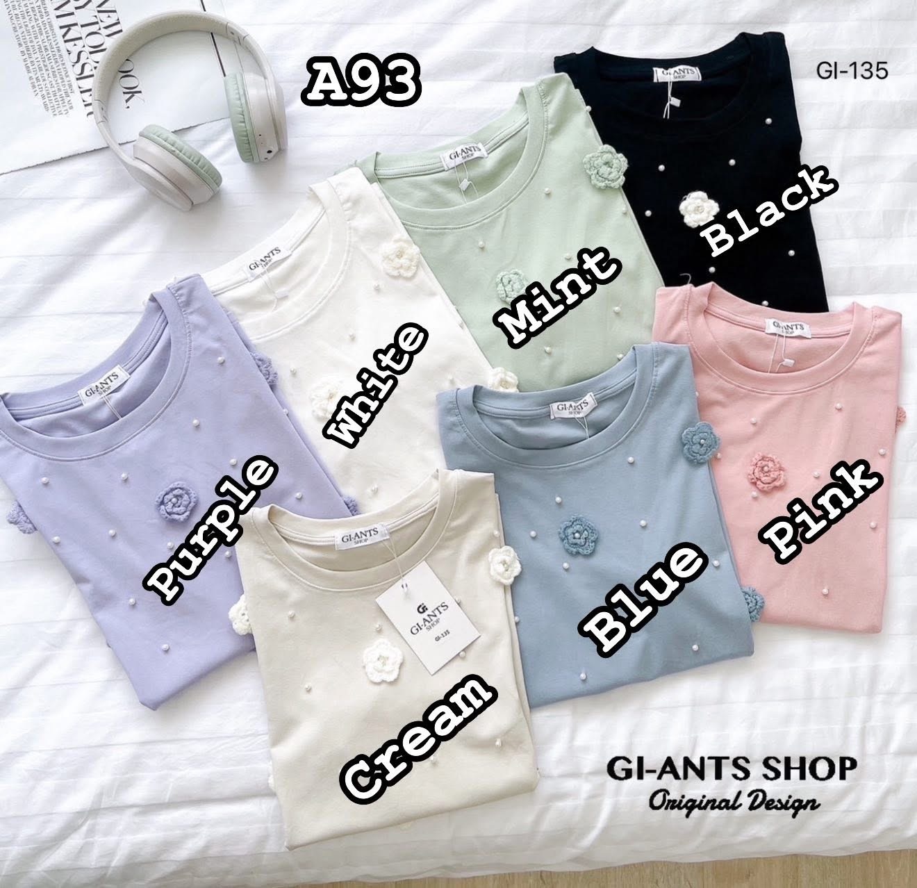 A93 ✨ Round Neck Short Sleeve T-Shirt with Pearl & Flower Details ✨