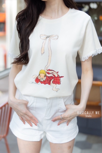 A19 🎀 Lace Trimmed Round Neck T-Shirt – Cotton Supreme Softness