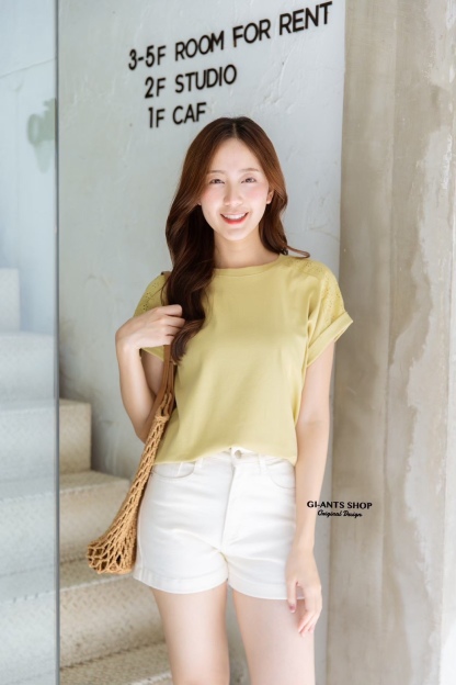 A105  🌈 Chic Lace Shoulder Cotton Tee 🌈