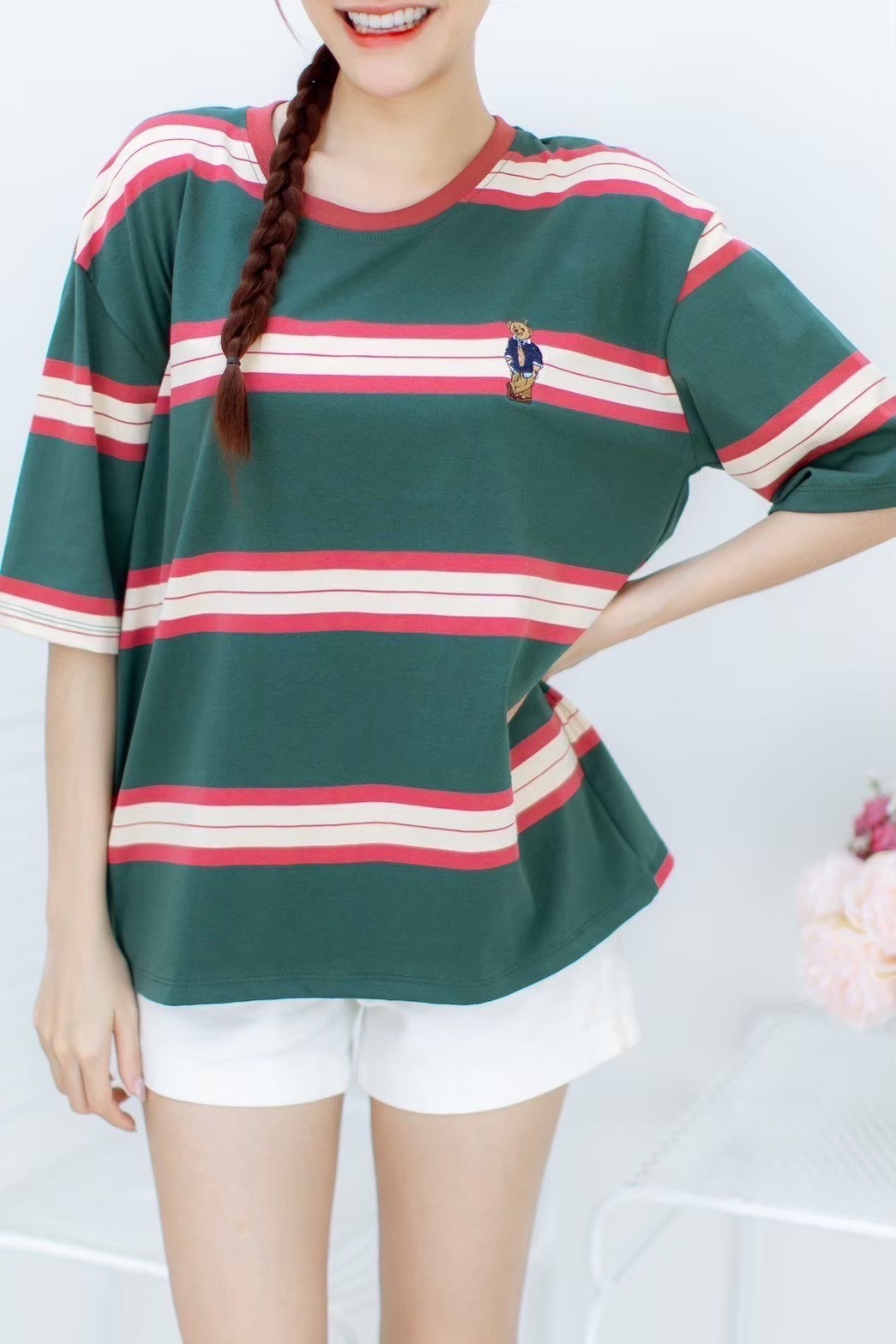 A121 🇰🇷🇰🇷 Korean striped round neck shirt