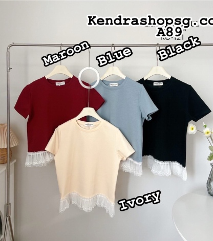 A89🌸 WalRound Neck Short Sleeve Shirt with Lace Hem 🌸