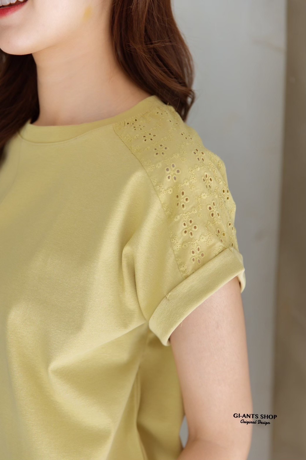 A105  🌈 Chic Lace Shoulder Cotton Tee 🌈