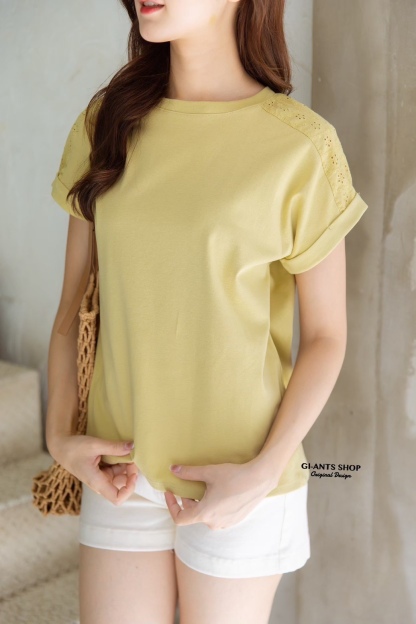 A105  🌈 Chic Lace Shoulder Cotton Tee 🌈