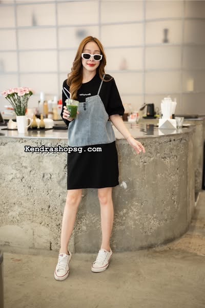 A30 Mini mixed denim black dress
